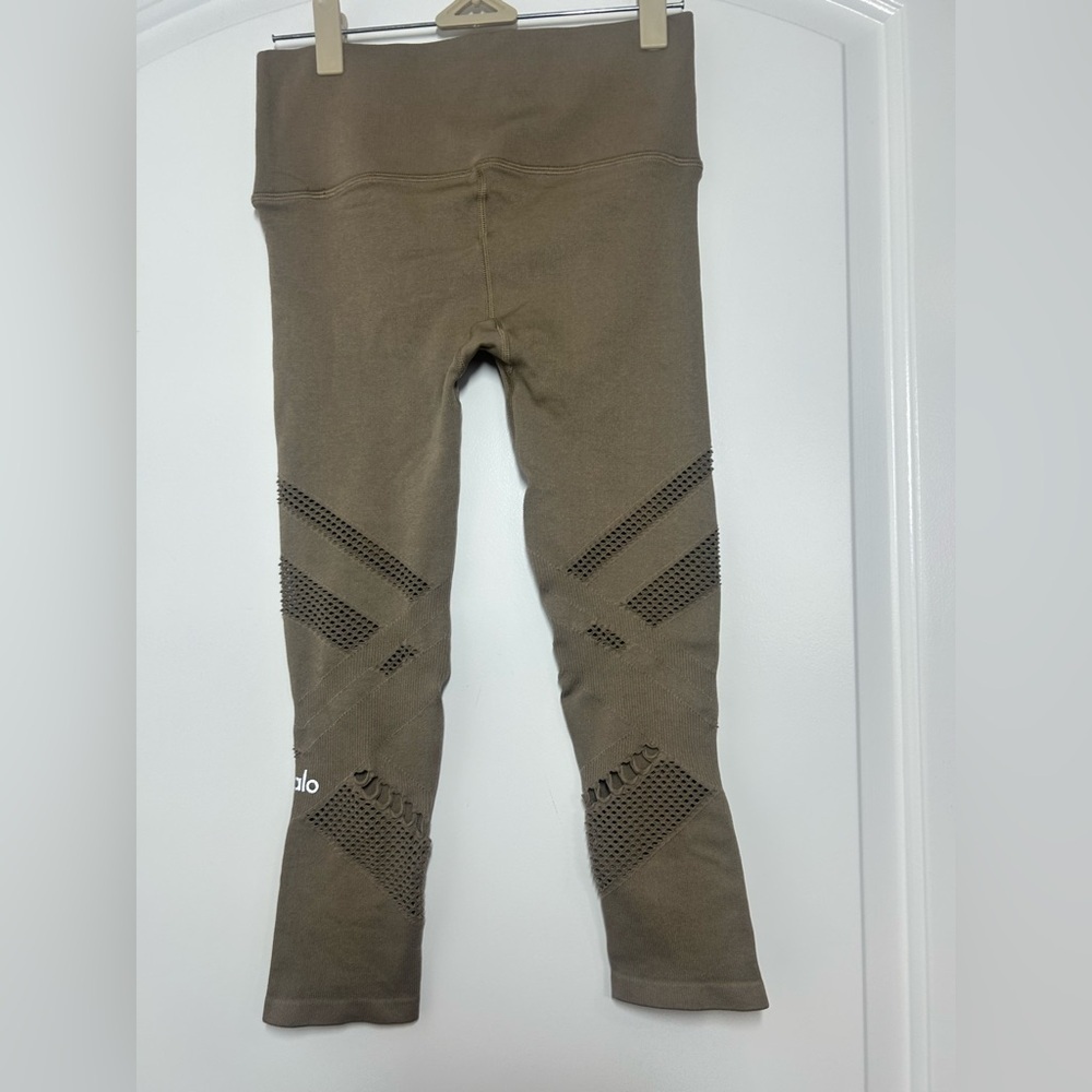 Alo Yoga Seamless Radiance Brown Mesh Tan Leggings size XS athleisure workout - Picture 9 of 13
